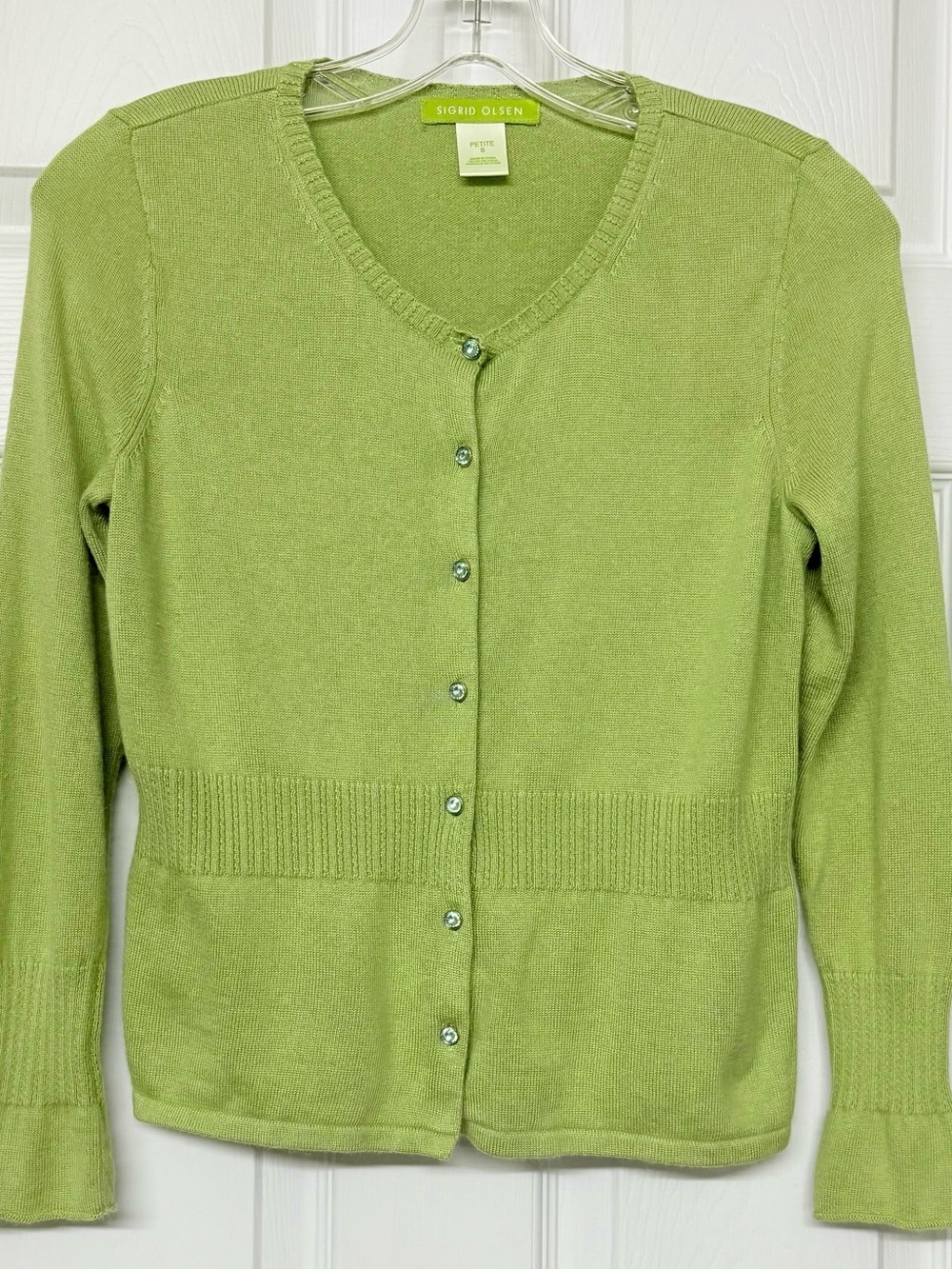 Sigred Olsen Green Button Front Cardigan Blue Jewel Buttons Sz XSP